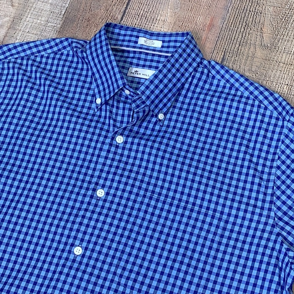 Peter Millar Men's Large Blue Gingham Plaid Long Sleeve Button Up Shirt